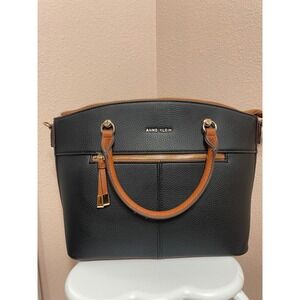 Anne Klein Black Cognac Pebbled Satchel Handbag Gold Hardware Dome Bag